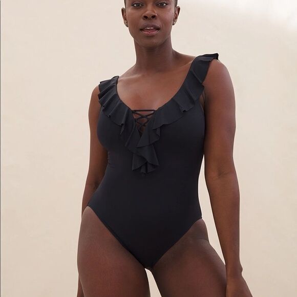 Soma Ruffled Solid Black Lace Up One Piece Swimsuit NWT - Picture 1 of 3